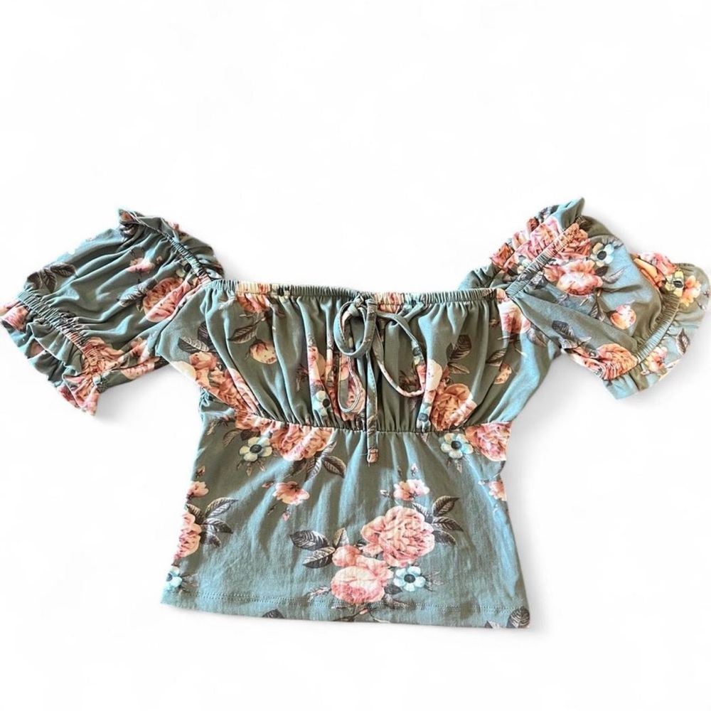 Green off the shoulder Ruched Ruffled Tie Front Blouse